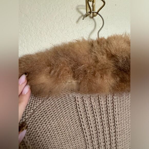 Vintage 70s Chunky Wool Knit Cardigan Sweater Fur Trimm Sz Medium Tan - Picture 4 of 7